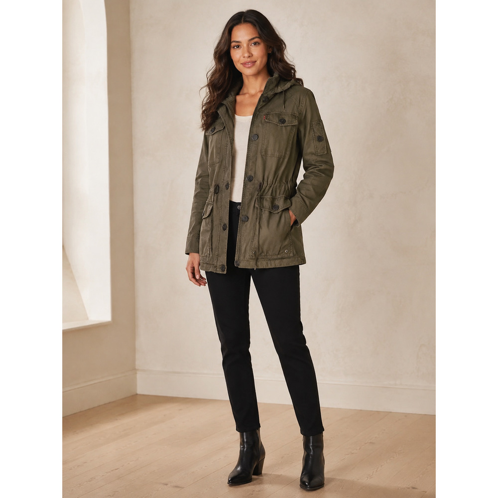 Levi's Women M Army Green Cotton Hooded Military Field Utility Jacket NWT - Picture 2 of 10